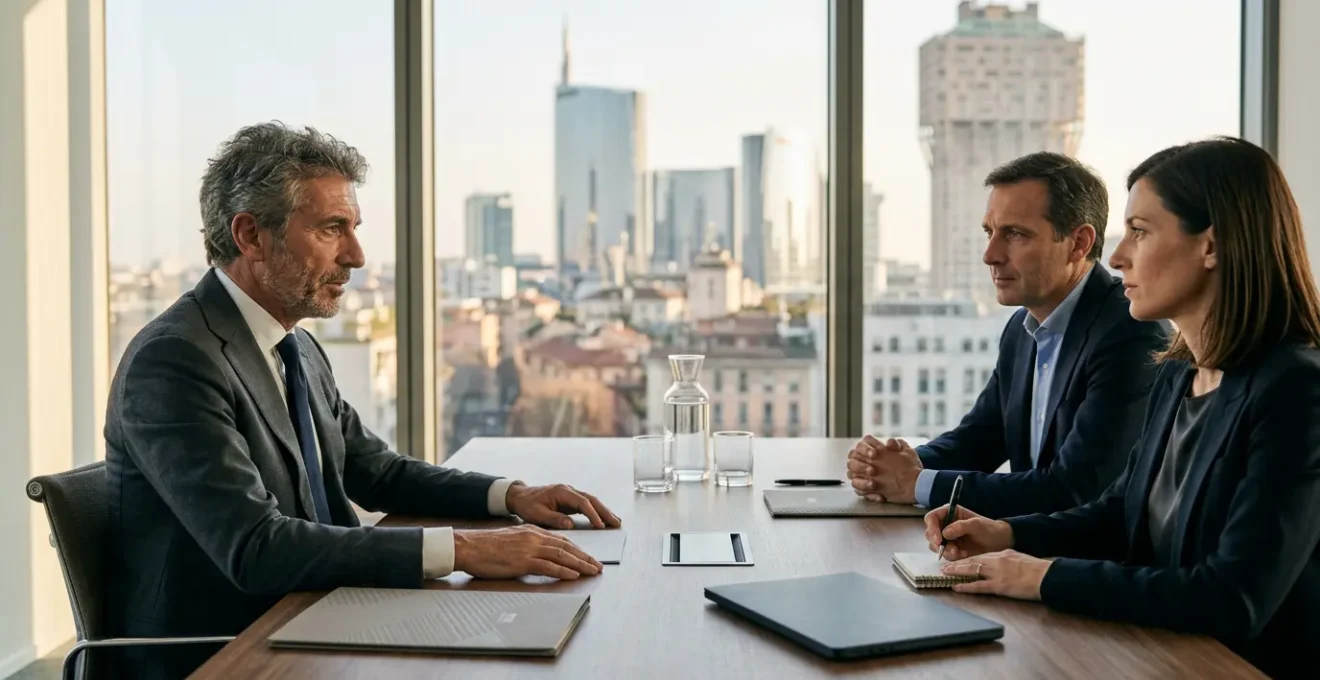 Scena di negoziazione strategica tra imprenditore italiano e rappresentanti di fondo di investimento, con documenti finanziari e architettura aziendale moderna sullo sfondo