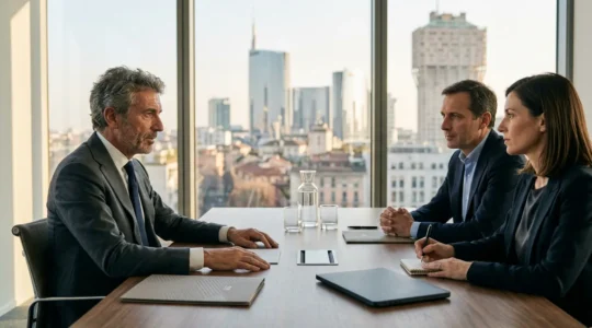 Scena di negoziazione strategica tra imprenditore italiano e rappresentanti di fondo di investimento, con documenti finanziari e architettura aziendale moderna sullo sfondo