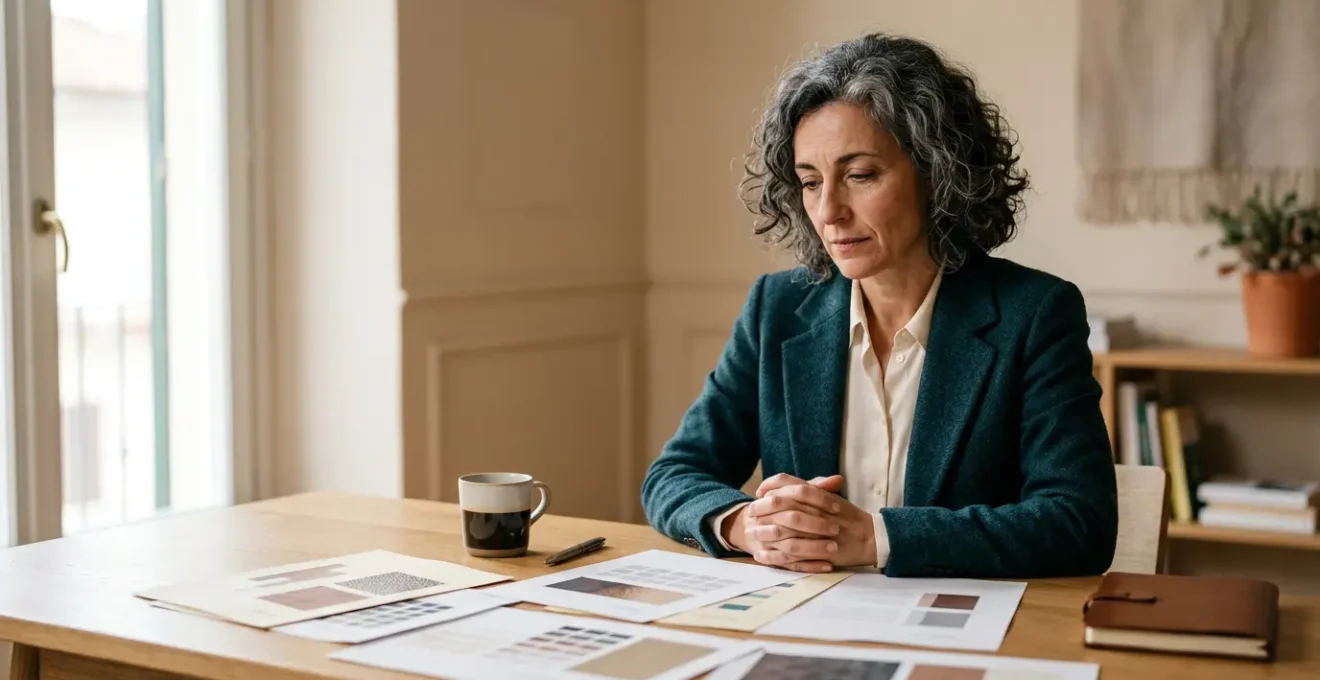 Professionista maturo riflette sul proprio percorso di carriera con documenti e strumenti di analisi delle competenze