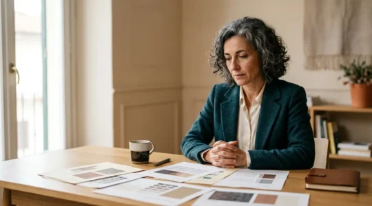 Professionista maturo riflette sul proprio percorso di carriera con documenti e strumenti di analisi delle competenze