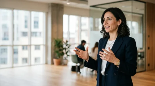 Imprenditore italiano che presenta strategia finanziaria con documenti professionali