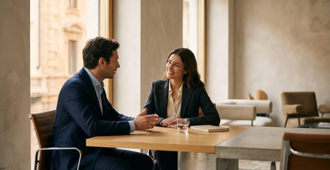 Incontro professionale tra consulente finanziario e cliente in ambiente riservato e moderno
