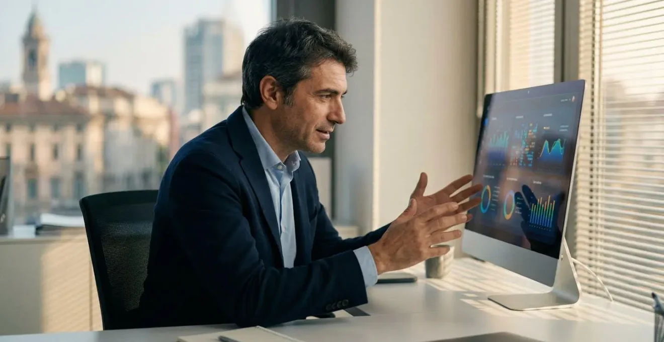 Professionista amministrativo che lavora con strumenti digitali e analisi dati in ambiente aziendale moderno italiano