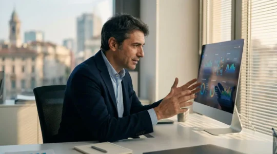 Professionista amministrativo che lavora con strumenti digitali e analisi dati in ambiente aziendale moderno italiano
