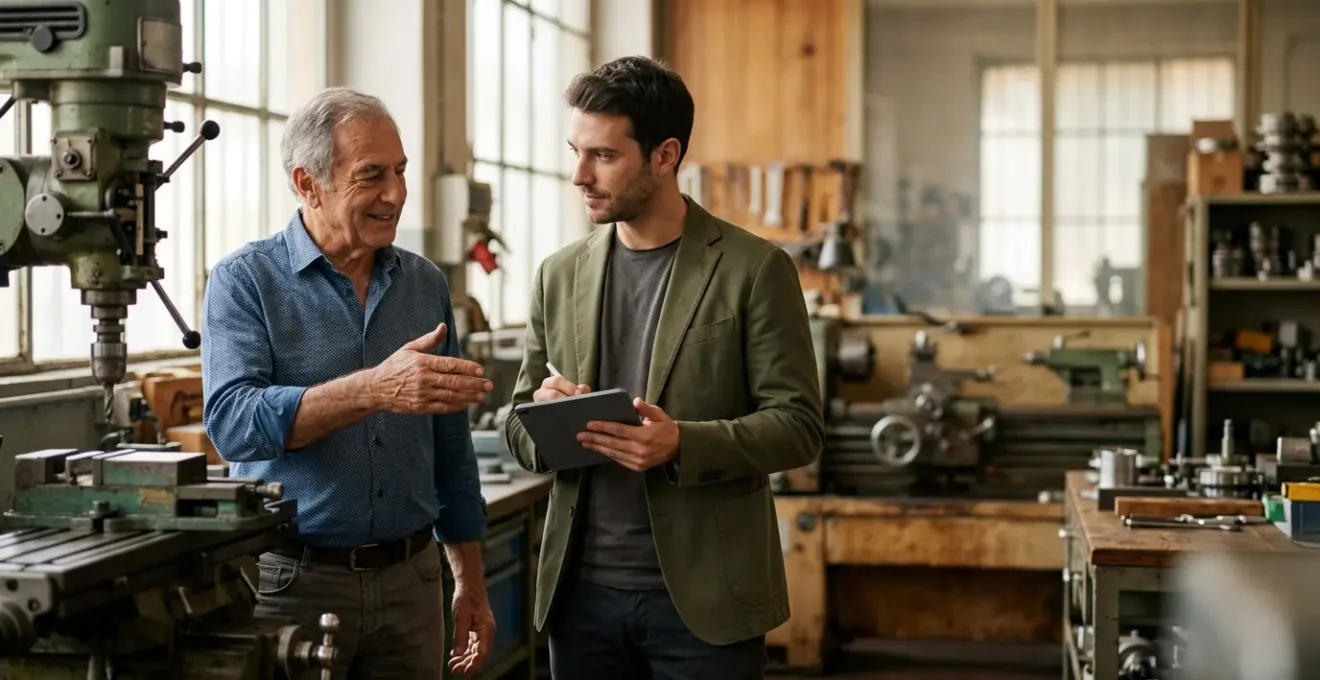 Imprenditore italiano affianca il successore in un'azienda manifatturiera durante il passaggio generazionale