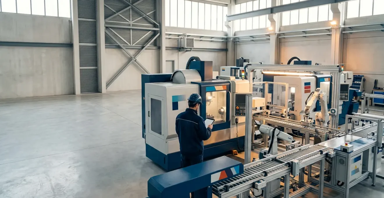 Ambiente industriale italiano con macchinari interconnessi e tecnologia avanzata per la transizione digitale