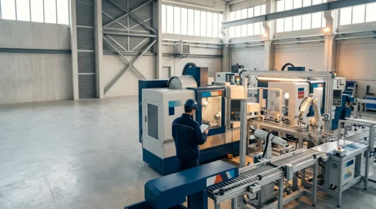 Ambiente industriale italiano con macchinari interconnessi e tecnologia avanzata per la transizione digitale
