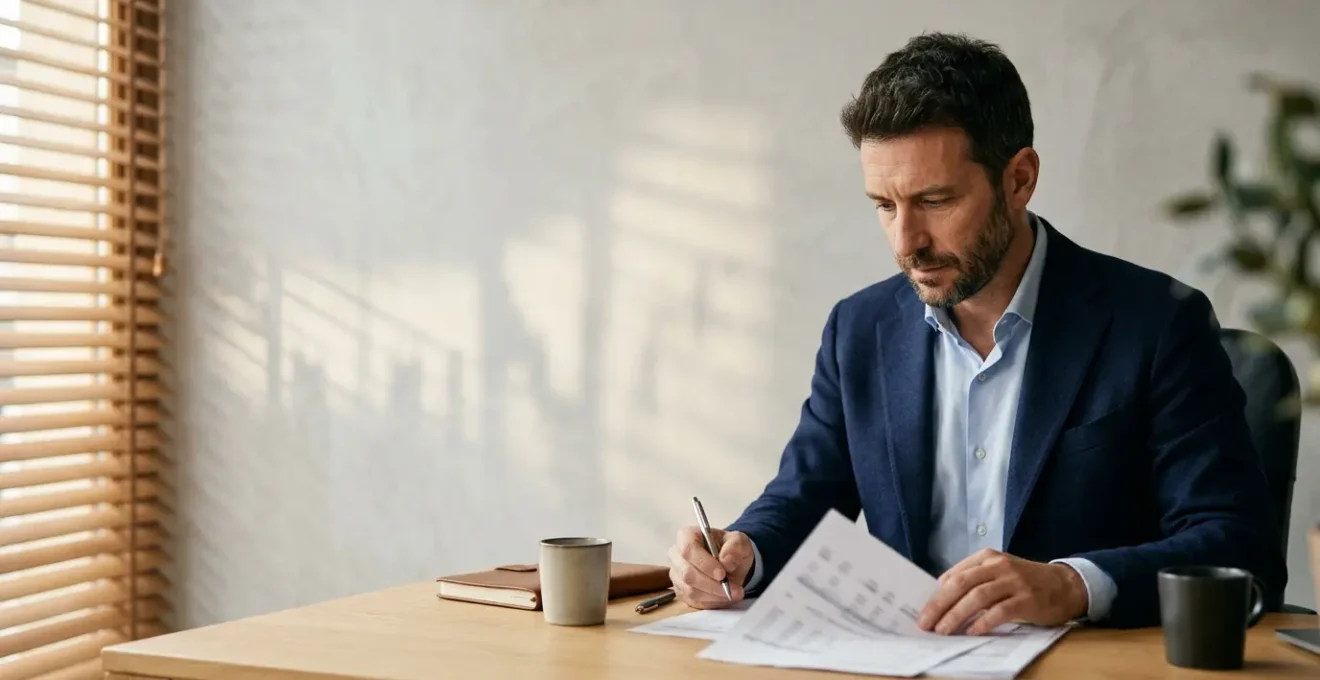 Imprenditore che analizza flussi di cassa e crescita aziendale con documenti finanziari
