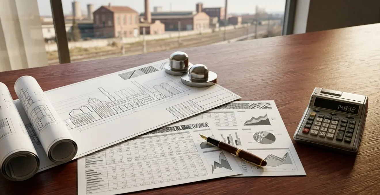 Scena simbolica di una decisione strategica di investimento industriale con documentazione finanziaria e planimetria di stabilimento