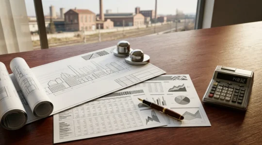 Scena simbolica di una decisione strategica di investimento industriale con documentazione finanziaria e planimetria di stabilimento