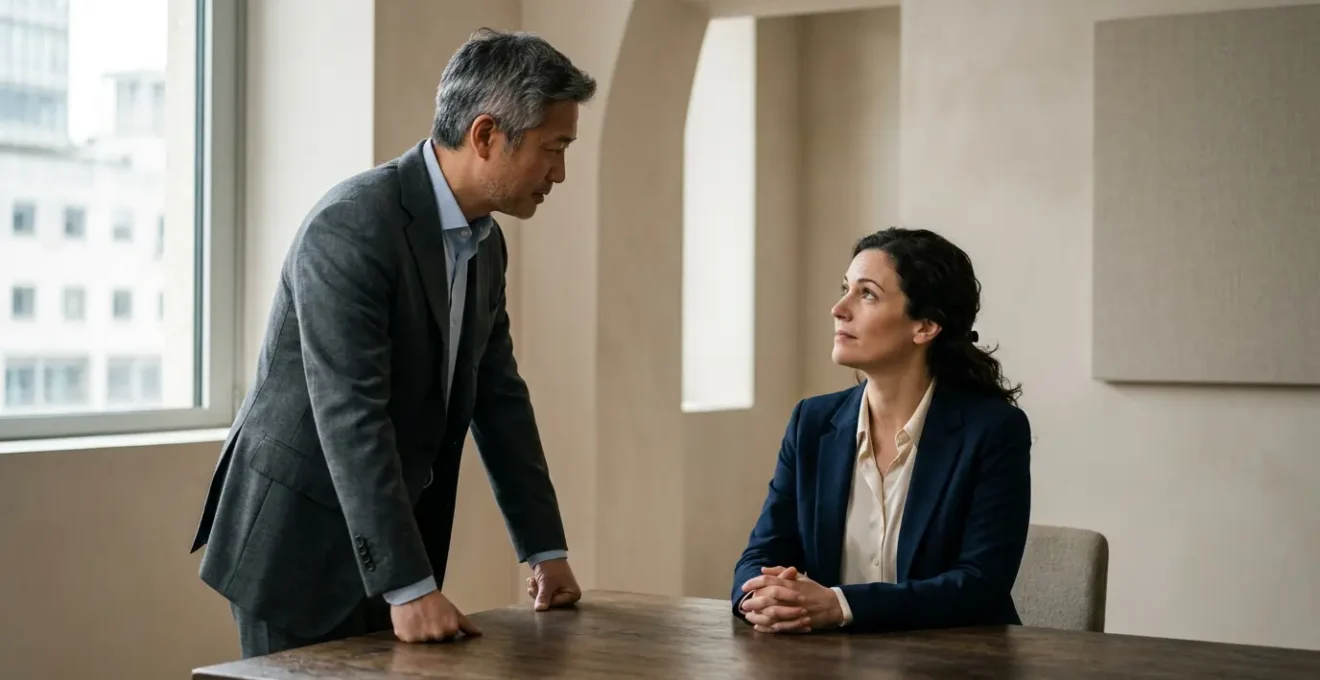 Professionisti in un momento di confronto rispettoso durante una transizione aziendale