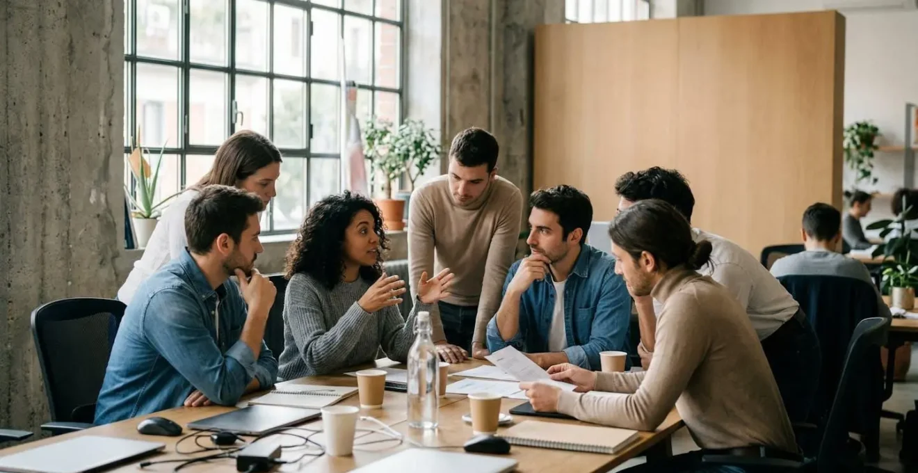 Team diversificato di professionisti in fase di collaborazione strategica durante la crescita aziendale