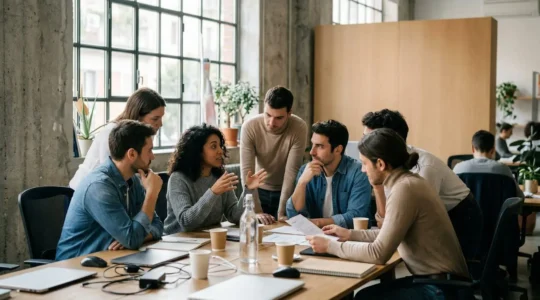 Team diversificato di professionisti in fase di collaborazione strategica durante la crescita aziendale