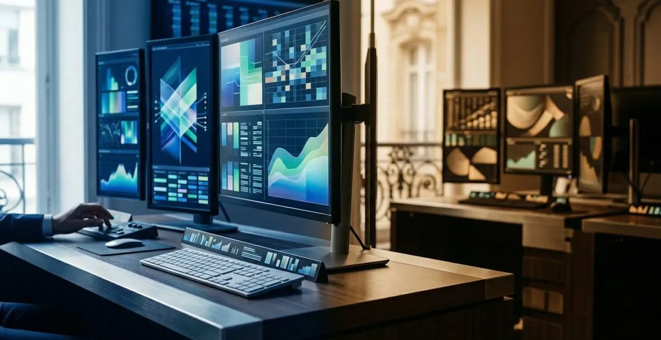 Scena di trading floor con monitor finanziari che mostrano dati macro USA e grafici dei mercati europei