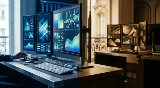 Scena di trading floor con monitor finanziari che mostrano dati macro USA e grafici dei mercati europei
