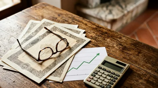Investitore analizza rendimenti BTP italiani con documenti finanziari e grafici di mercato