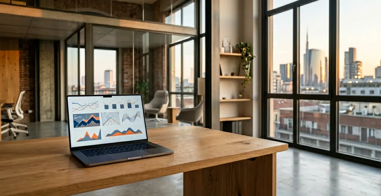 Dashboard aziendale con indicatori chiave di performance monitorati da un imprenditore