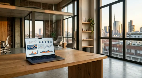 Dashboard aziendale con indicatori chiave di performance monitorati da un imprenditore