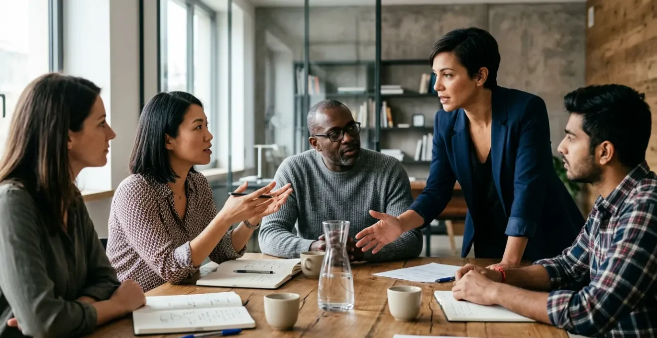 Leader che supporta il team durante un momento difficile in azienda, atmosfera di resilienza e collaborazione