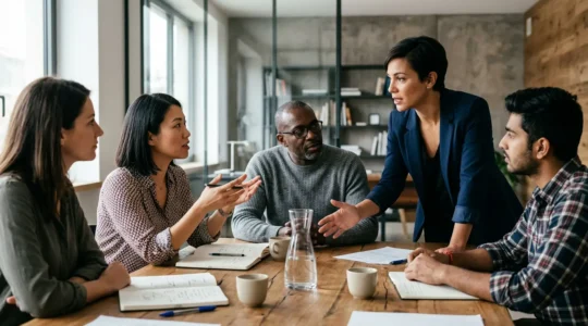 Leader che supporta il team durante un momento difficile in azienda, atmosfera di resilienza e collaborazione