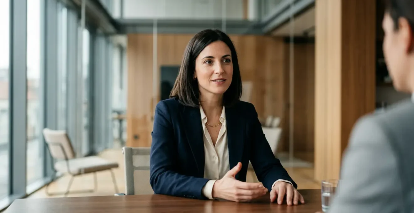 Professionista che negozia con sicurezza in un ambiente di lavoro moderno