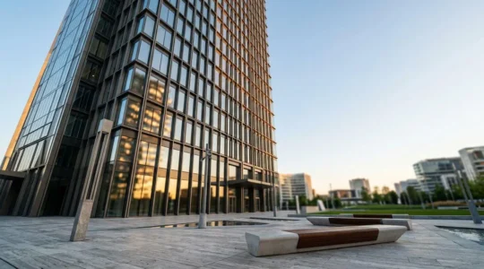 Visione ampia di un moderno ambiente finanziario italiano con architettura elegante che rappresenta la preparazione strategica per la quotazione in borsa