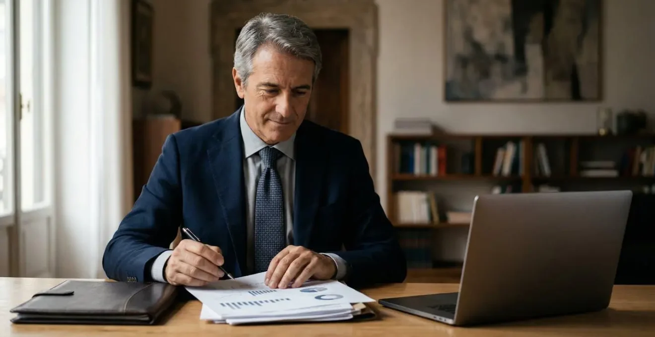 Imprenditore italiano che pianifica strategicamente la vendita della propria azienda con documenti finanziari