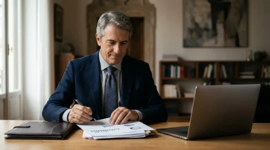 Imprenditore italiano che pianifica strategicamente la vendita della propria azienda con documenti finanziari