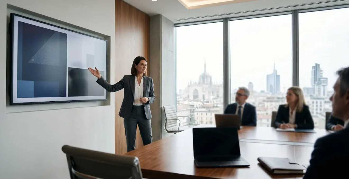 Professionista che presenta dati finanziari in modo chiaro e sintetico durante una riunione del consiglio di amministrazione