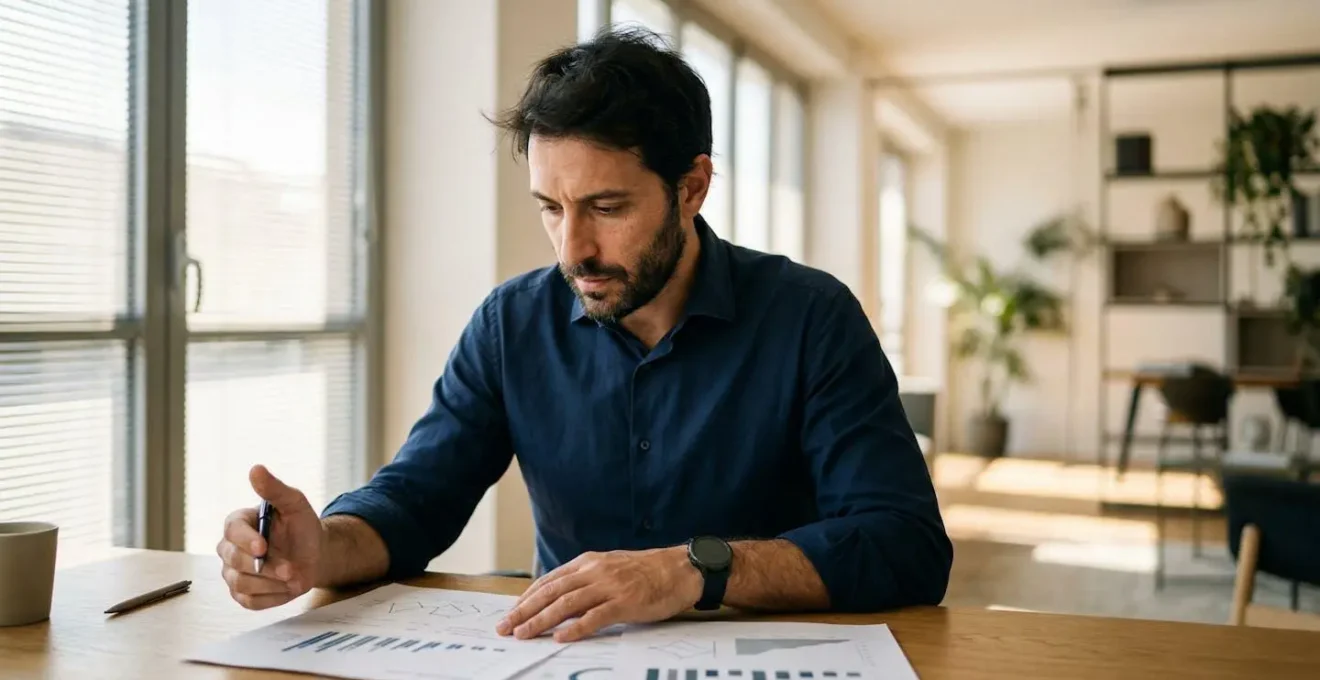Professionista finanziario che analizza attentamente dati di flusso di cassa su documenti e grafici con espressione concentrata