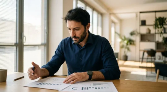 Professionista finanziario che analizza attentamente dati di flusso di cassa su documenti e grafici con espressione concentrata