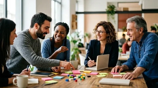 Professionisti italiani che collaborano in un workshop aziendale interattivo e dinamico