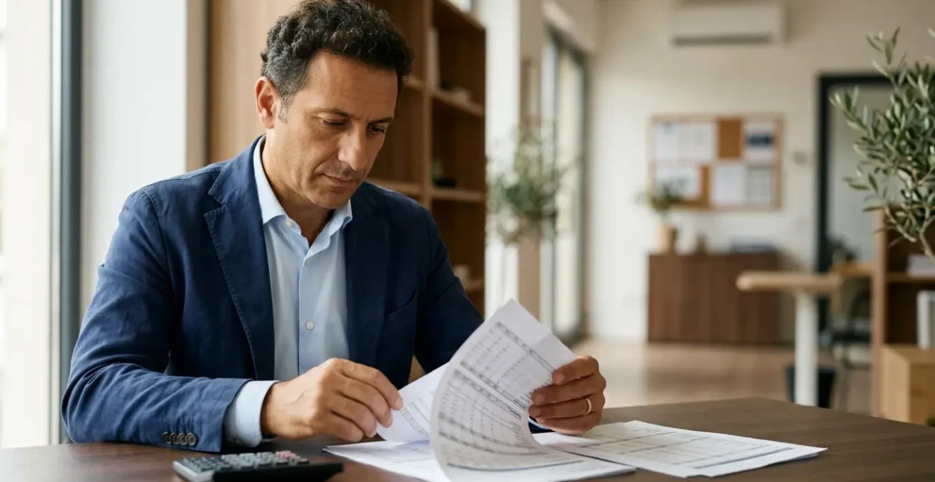 Imprenditore analizza documenti finanziari con calcolatrice e grafici di bilancio su scrivania moderna