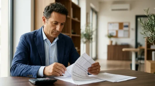 Imprenditore analizza documenti finanziari con calcolatrice e grafici di bilancio su scrivania moderna