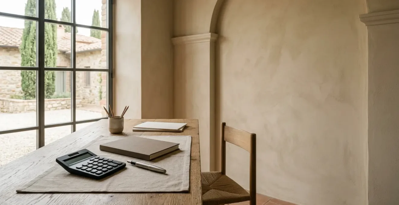 Persona che analizza conti deposito con calcolatrice e documenti finanziari in ambiente minimalista