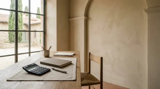 Persona che analizza conti deposito con calcolatrice e documenti finanziari in ambiente minimalista