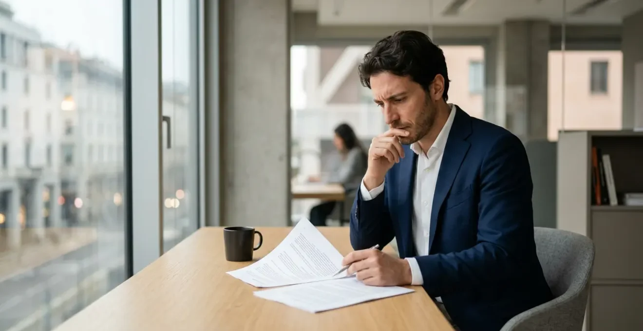 Professionista italiano che riflette su investimento formativo e crescita di carriera in ambiente aziendale moderno