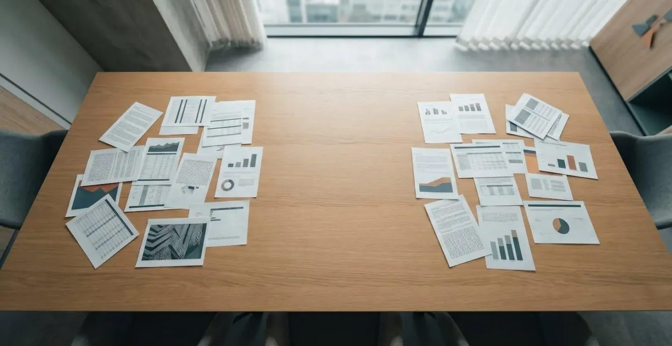 Vista dall'alto di documenti finanziari e grafici strategici disposti su tavolo di riunione aziendale