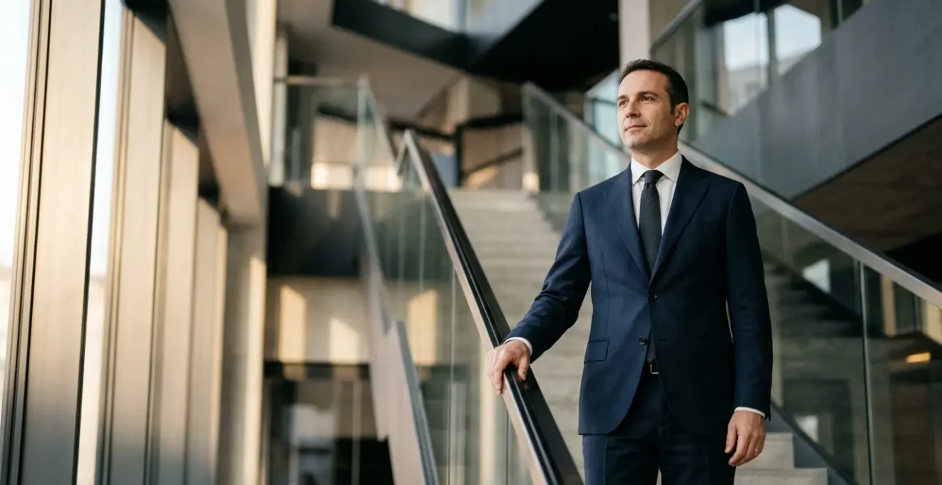 Professionista in un momento di riflessione strategica che simboleggia il passaggio da manager a dirigente