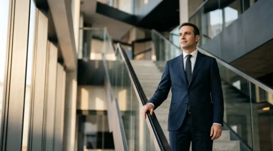 Professionista in un momento di riflessione strategica che simboleggia il passaggio da manager a dirigente