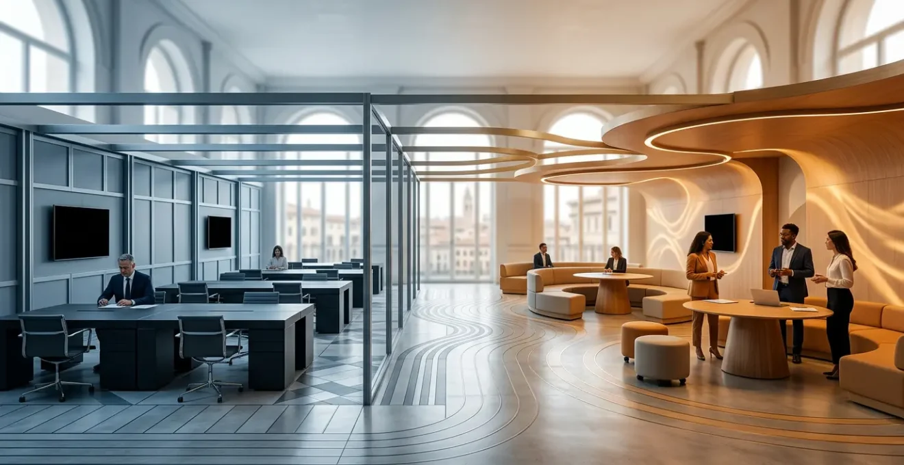 Una scena simbolica che rappresenta la trasformazione aziendale dall'ordine gerarchico alla fluidità agile, senza caos