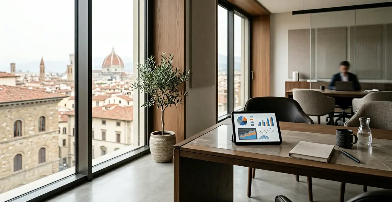 Professionista finanziario analizza grafici di performance di portafoglio su scrivania moderna