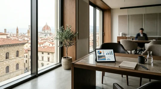 Professionista finanziario analizza grafici di performance di portafoglio su scrivania moderna