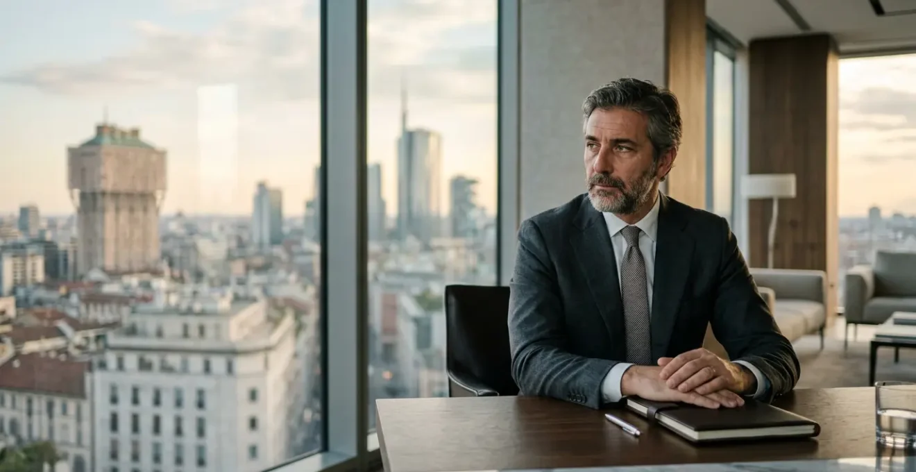 Imprenditore italiano in momento di riflessione strategica durante valutazione aziendale