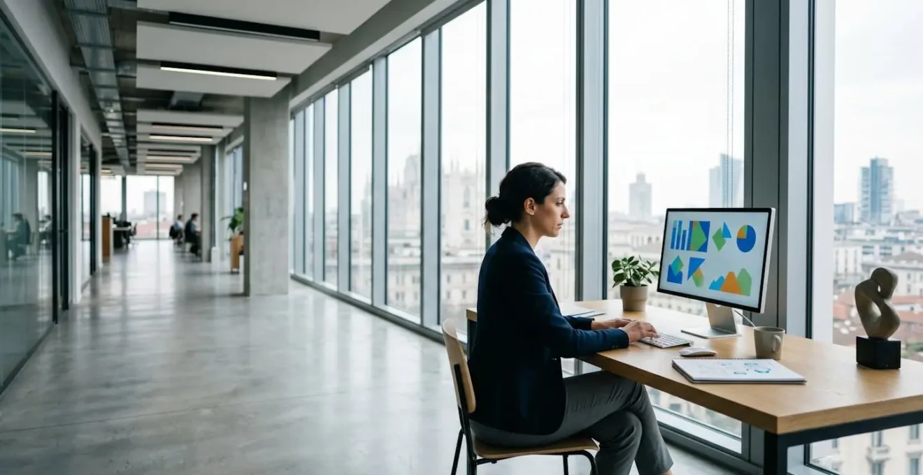 Professionista finanziario concentrato su analisi di dati complessi in ambiente di lavoro italiano moderno