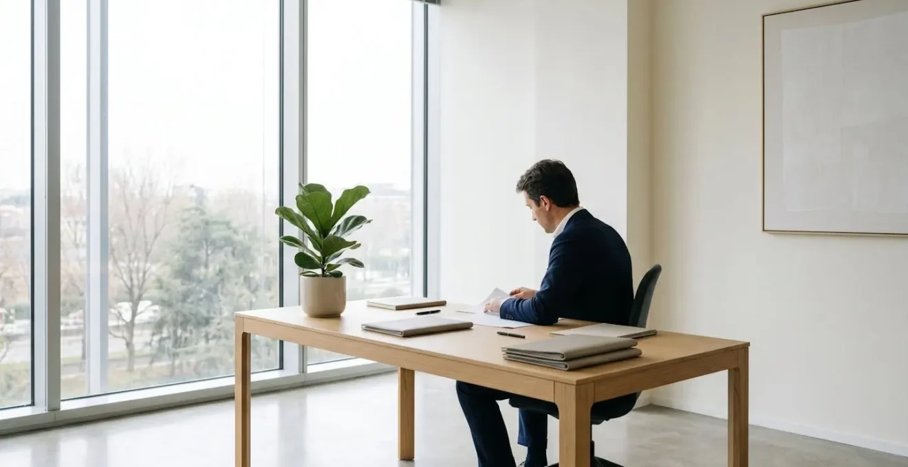 Ambiente minimalista di ufficio CFO con focus su pianificazione finanziaria e cash flow