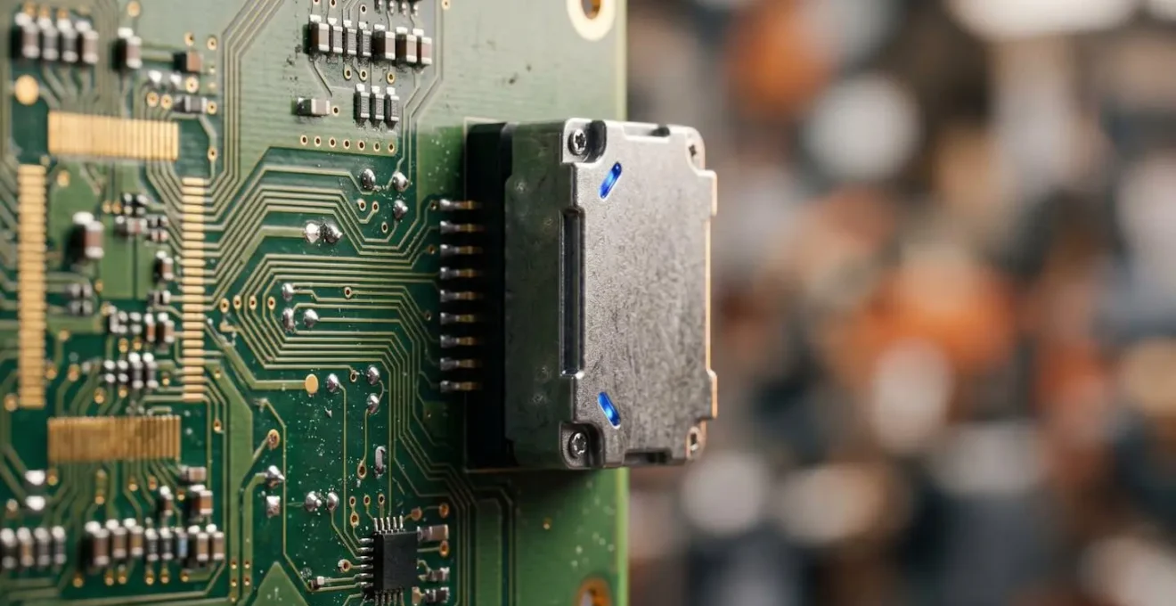 Dettaglio macro di componenti elettronici e sensori per interconnessione macchinari Industria 4.0