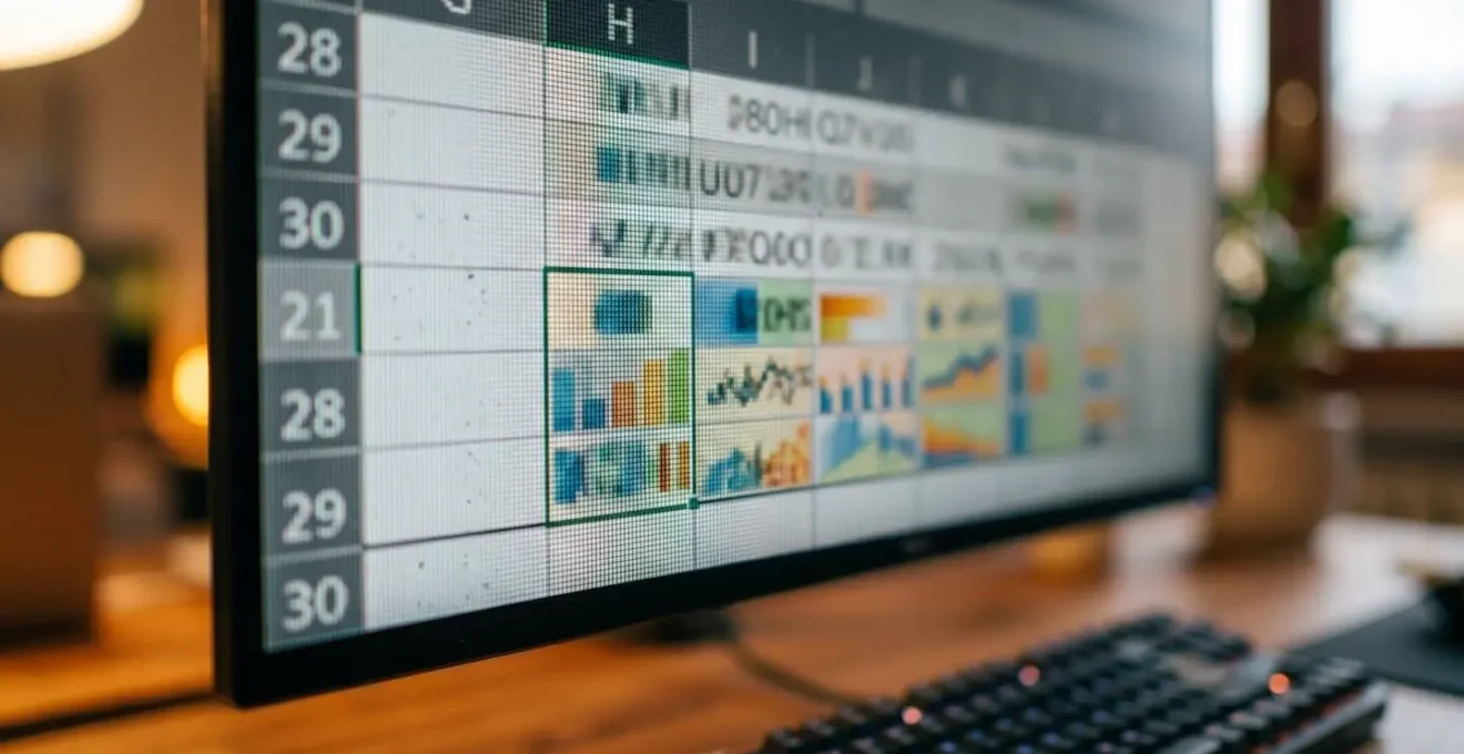 Dettaglio macro di celle Excel con formule finanziarie e dati numerici sfocati su schermo