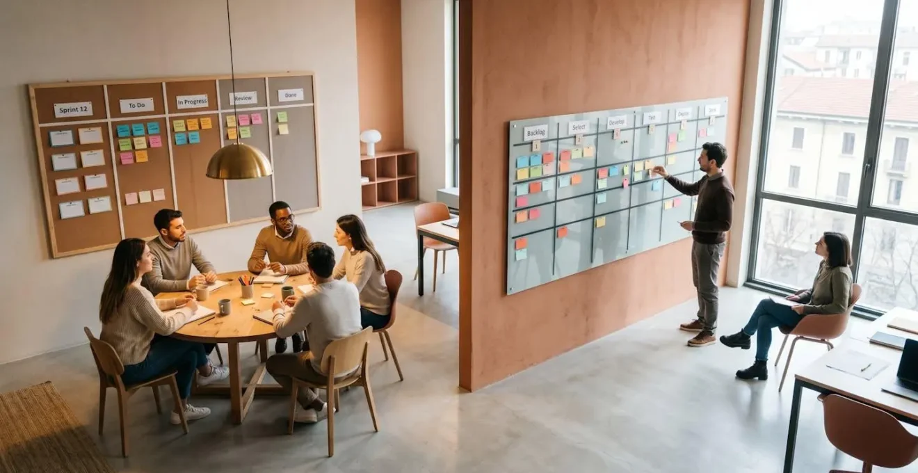 Rappresentazione visiva e metaforica delle differenze tra metodologie Scrum e Kanban per team italiani